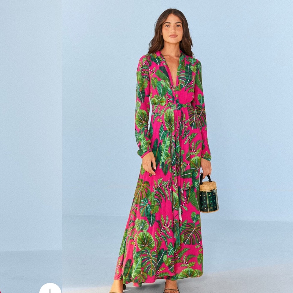 Farm Rio Pink Leaves Maxi dress sz S - Picture 2 of 14